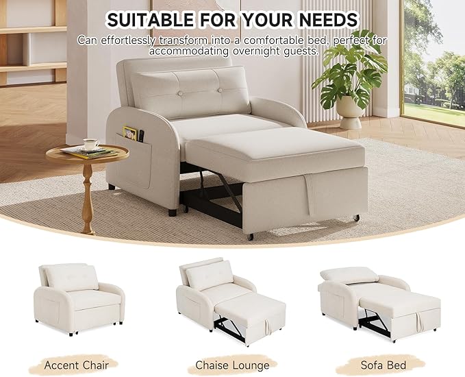 Merax 3-in-1 Convertible Sleeper Sofa Bed Loveseat to Bed with Pullout Design Soft Cotton Linen Fabric Includes Pillow &amp Side Pockets for Small Spaces Apartment Living Room Beige