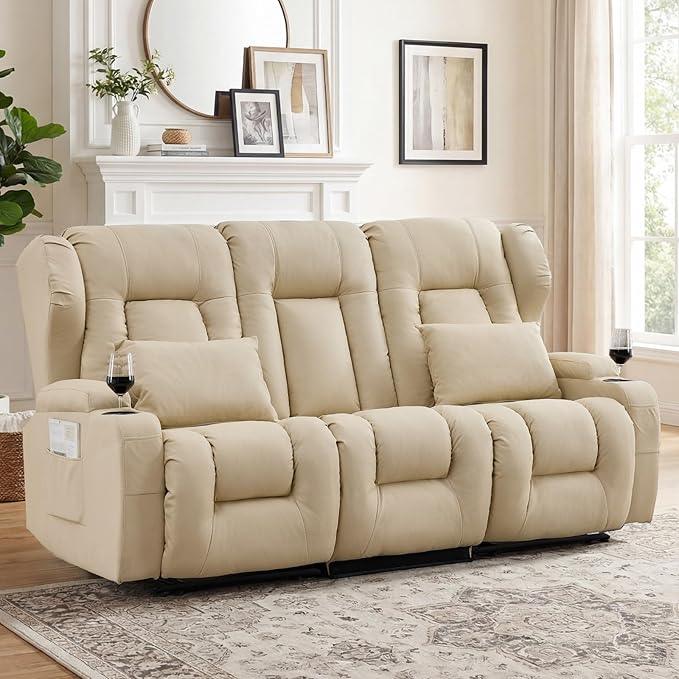 Loveseat Recliner Sofa with Flip Middle Seat3 Seater Reclining Couch Wall Hugger Recliners for Small SpacesFabric Manual 3 Seater Sofa Recliner with Cup Holders/Lumbar PillowsRV FurnitureBeige