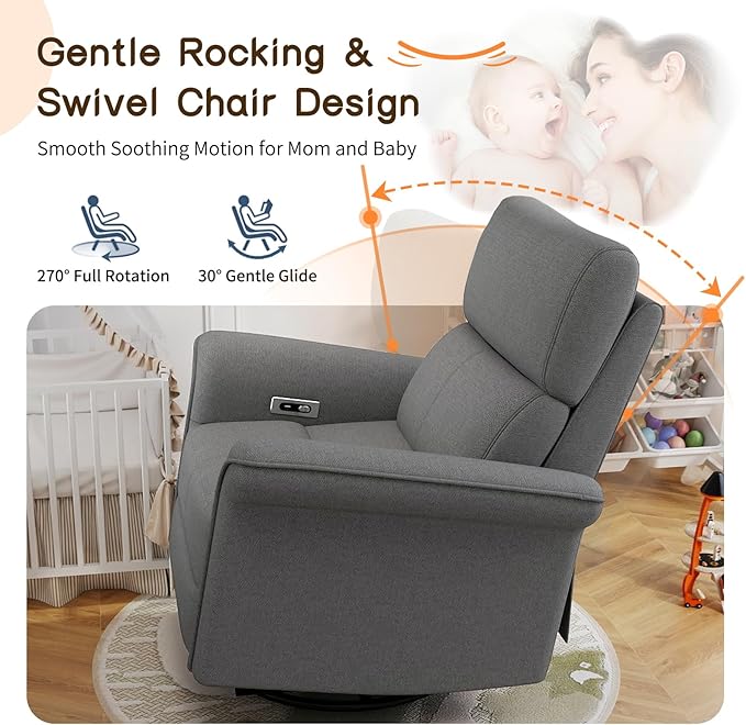 cinkehome Power Swivel Rocker Recliner with USB Overstuffed Electric Reclining Chair Snowflake Fleece Rocker Recliner for Nursery Living Room Bedroom