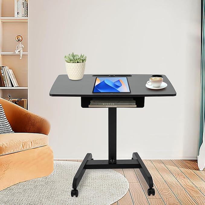Adjustable Height Rolling Desk 33.07 Lbs Load-Bearing Capacity Freestanding Computer Desk Mobile Laptop Cart with Storage and 4 Universal Wheels for HomesOffices Classrooms(Black)