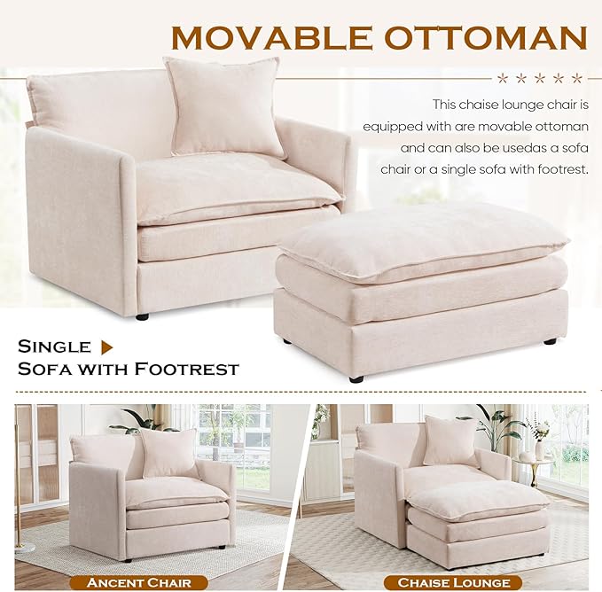 Oversized Chaise Lounge Chair Indoor Modern Comfy Chenille Cloud Accent Chair and A Half with Ottoman Single Deep Seat Sofa Couch Reading Armchair for Living Room Bedroom Apartment Beige