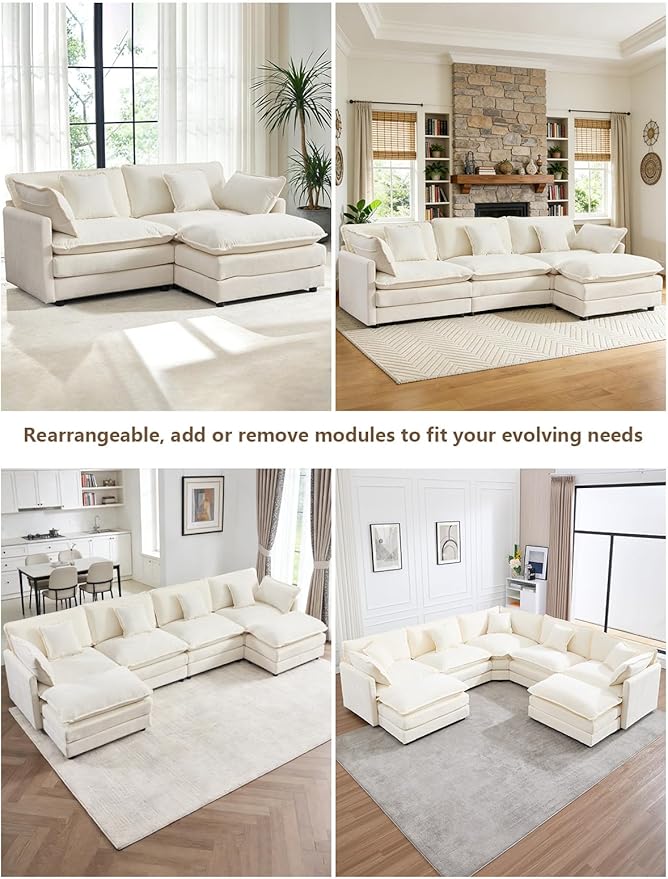 Modular Sectional Sofa Modern Loveseat Sofa Cloud Couch with Movable Ottoman Comfy Chenille Deep Seat L Shaped Couches for Small Living Room Bedroom Apartment Beige White