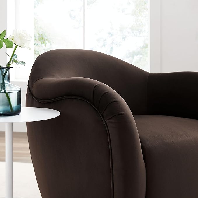Modway Compose Performance Velvet Swivel Armchair in Chocolate Brown - Barrel Accent Chair - Comfy Round Single Sofa Chair with 360° Rotation - Modern Upholstered Club Chair for Living Room Bedroom