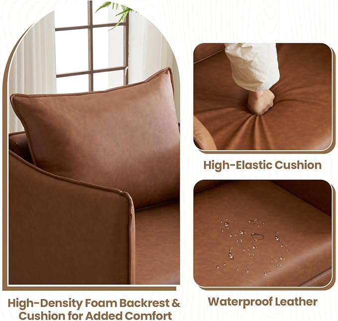 MOJAY PU Leather Accent Chairs Set of 2 Mid-Century Modern Armchair Club Lounge Chair with Removable Pillow &amp Sturdy Legs for Living Room Bedroom Reception Office (Brown)