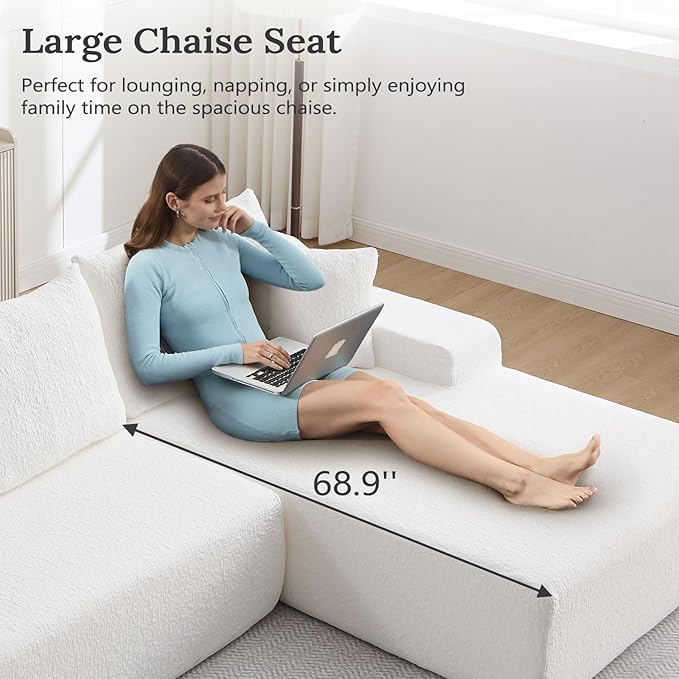 108 L Shaped Boneless Couch with Right Chaise Cloud Sectional Couches with Deep Seat 3 seat modular Sofa Memory Foam Couch with Throw Pillows for Living Room No Assembly Required White
