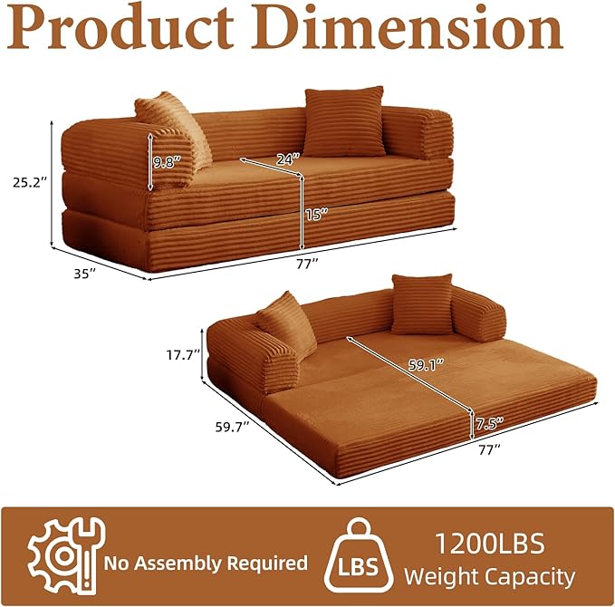 Folding Convertible Sleeper Sofa Bed Corduroy Upholstered Boneless Couch with Pillows Modular Floor Sofa Compression Couch for Living Room No Assembly Required (Orange)
