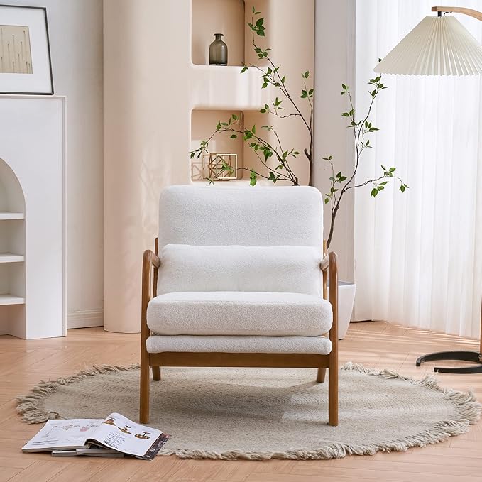 Accent Chair Upholstered Mid-Century Modern Chair with Lumbar Pillow&ampSoft CushionLounge Reading Armchair with Solid Wood Framefor Living Room Bedroom Balcony White