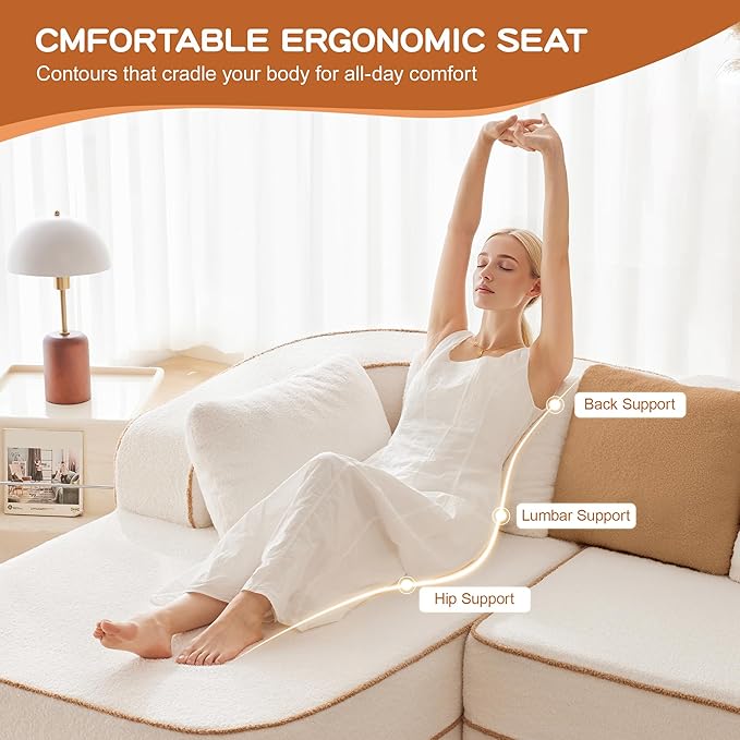 105.9 L-Shaped Boneless Sofa Left Chaise Plush Teddy Fabric 3-Seater Sectional Couches with 32D High-Resilience Foam Wide Arms for Living Room ApartmentWhite