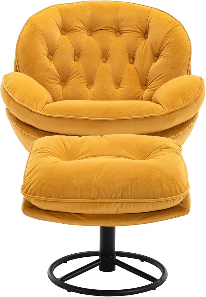 Accent Chair TV Chair Living Room Chair with Ottoman Modern Velvet Lounge Chair with Comfy Armchair with Metal Legs Swivel Leisure Chair for ClubHome OfficeMetal Base Frame (Yellow)