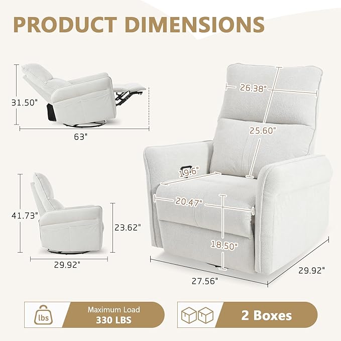 cinkehome Swivel Rocker Recliner Glider Rocker Recliner Chair for Nursery Overstuffed Manual Reclining Chair for Small Spaces Living Room Beige Snowflake Fleece