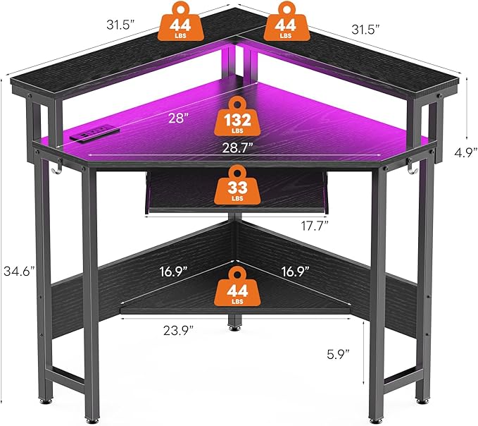 DUMOS Conner Desk Home Office Computer Desk for Small Space with LED Lights Gaming Table with Storage Shelves Power Outlets Monitor Stand Keyboard Tray for Bedroom Black