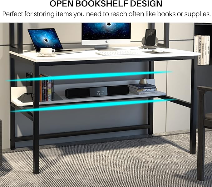Aquzee Computer Desk Easy Assembly Gaming Table with Hutch and Shelves 4 Tiers Desk with Large Wood Desktop Metal Legs Ideal for Storage Study Work Writing Homework White 55Wx65Hx23.6D Inches