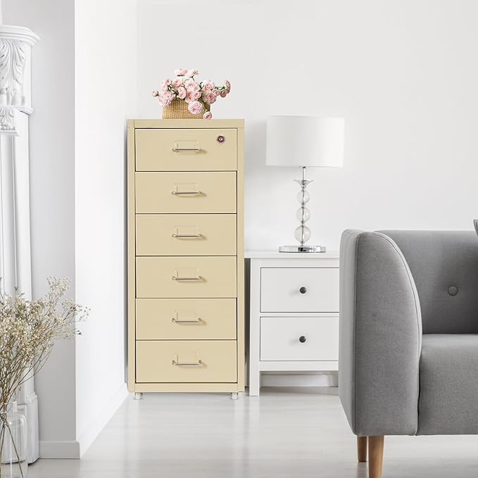 Office File Cabinet w/4 Wheels 6 Drawer Metal Small Vertical File Cabinets w/2 Lock Smooth Edges Mobile Storage Cabinet File Organizer for Home Office Living Room 11 * 16 * 27in (Beige)
