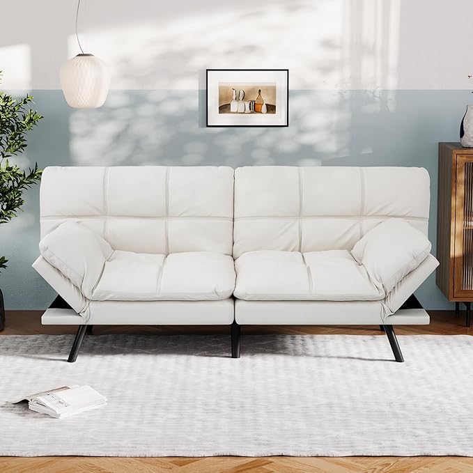 Vyfipt Convertible Futon Sofa Bed White Faux Leather Futon Couch with Adjustable Backrest &amp Armrests Folding Small Recliner Sleeper Sofa Bed for Living Room Apartment Office