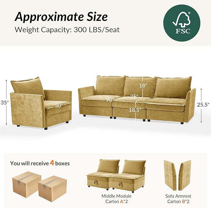 HULALA HOME Modern Chenille Sofa Set Single Seat Sofa 3 Seat Sofa 2 Piece Cloud Couches Set with Storage Comfy Deep Upholstered Armchair Couches for Living Room Apartment Cream