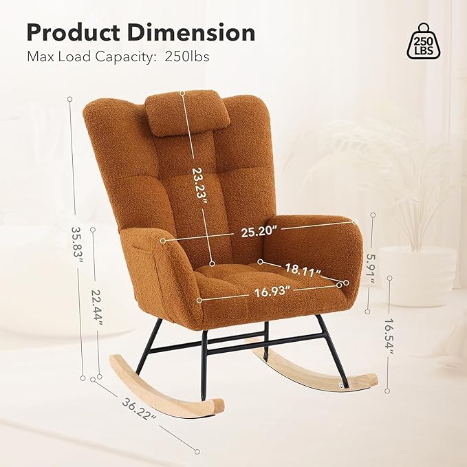 Nursery Rocking Chair Teddy Fabric Upholstered Glider Rocker with High Backrest Reading Chair Modern Rocking Accent Chairs Glider Recliner for Living Room Nursery Bedroom-Brown
