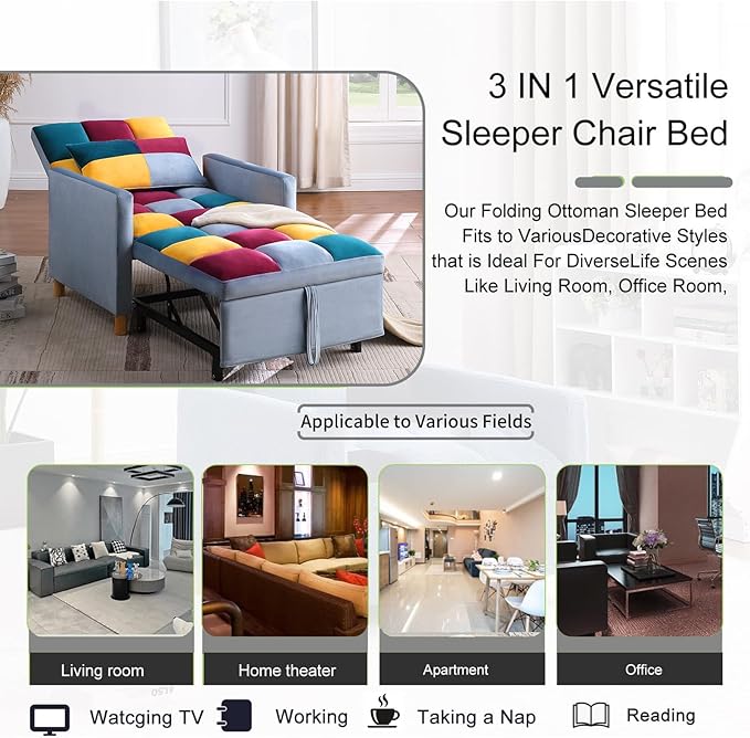 3-in-1 Convertible Chair Bed Single Sofa Bed with Adjustable Backrest Lounger for Living Room (Rainbow)
