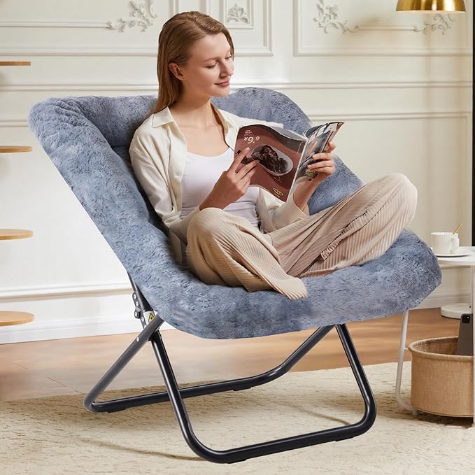 DUMOS Comfy Chair for Adults Soft Faux Fur Folding Lounge for Bedroom Living Room Dorm Rooms Flexible Reading Chair for Teens Large Size Foldable (Square-Gray)
