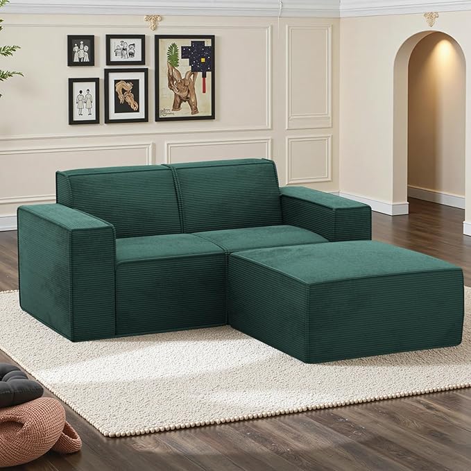 Cozy Castle 71 Loveseat Sofa L Shaped Comfy Corduroy Boneless Couch with Deep Seat and Ottoman Chaise Cloud Sofa Upholstered Couches for Living Room Bedroom No Assembly Required (Green)