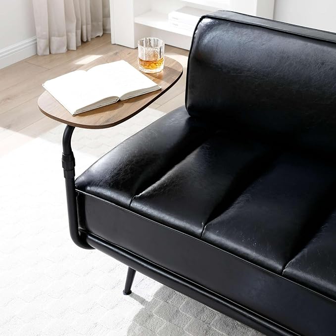 55 Modern Faux Leather Loveseat with 360° Swivel Side Table Mid-Century Tufted 2-Seater Sofa Bench for Living Room Entryway with Metal Legs and Backrest