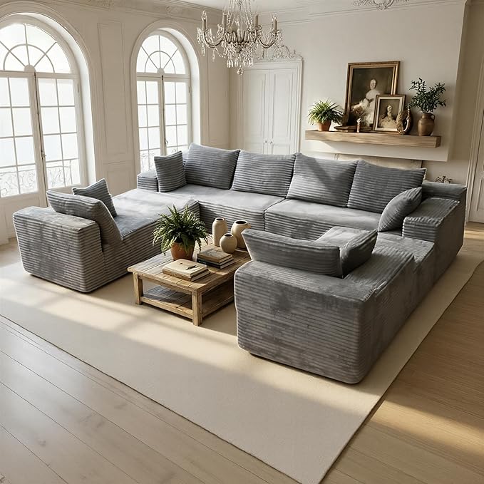 139'' U Shaped Sectional Couches for Living Room 8 Seater Faux Fur Modular Boneless Cloud Sofa with Chaise Lounges 4-in-1 Flexible Combination Deep Seat Corner Large CouchNo Assembly Light Grey