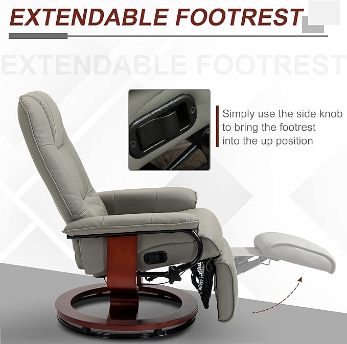 HOMCOM Faux Leather Manual Recliner Adjustable Swivel Lounge Chair with Footrest Armrest and Wrapped Wood Base for Living Room Gray