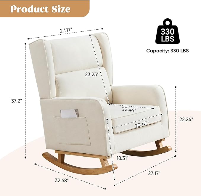 Nursery Rocking Chairs Rocking Chair Nursery for Mom Nursery Rocker with High Backrest and Solid Wood Legs Modern Wingback Accent Chair Set of 2 for Reading Living Room Bedroom Beige