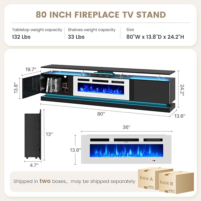 80 Fireplace TV Stand Modern Entertainment Center for TVs Up to 90 TV Console with Storage Cabinets Media Console for Living Room Black TV Stand and White Fireplace