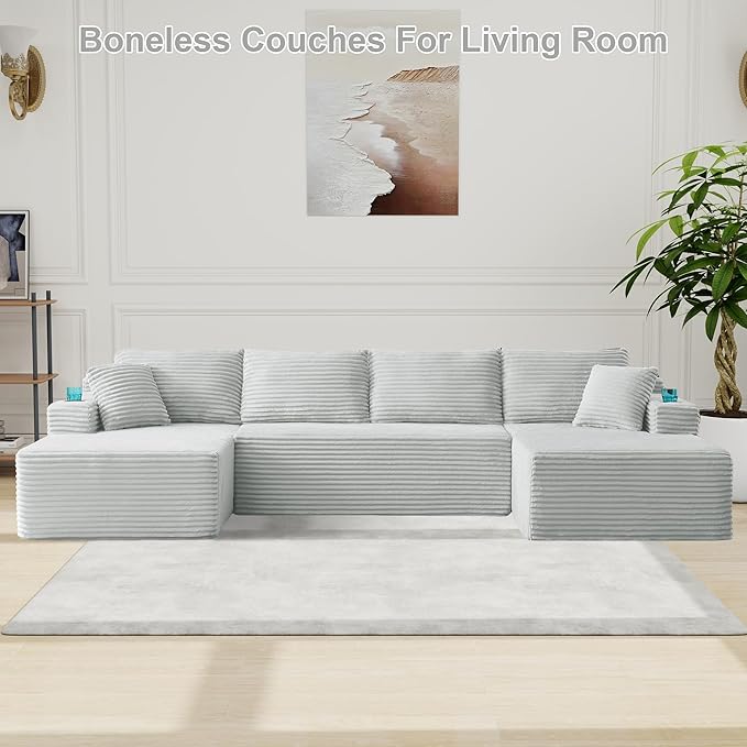 KIVENJAJA 133.5 Oversized U Shaped Sectional Cloud Couch Corduroy Modular Sectional Sofa with Cup Holders &amp Side Pockets Modern Deep Seat Boneless Couches for Living Room Apartment Light Grey