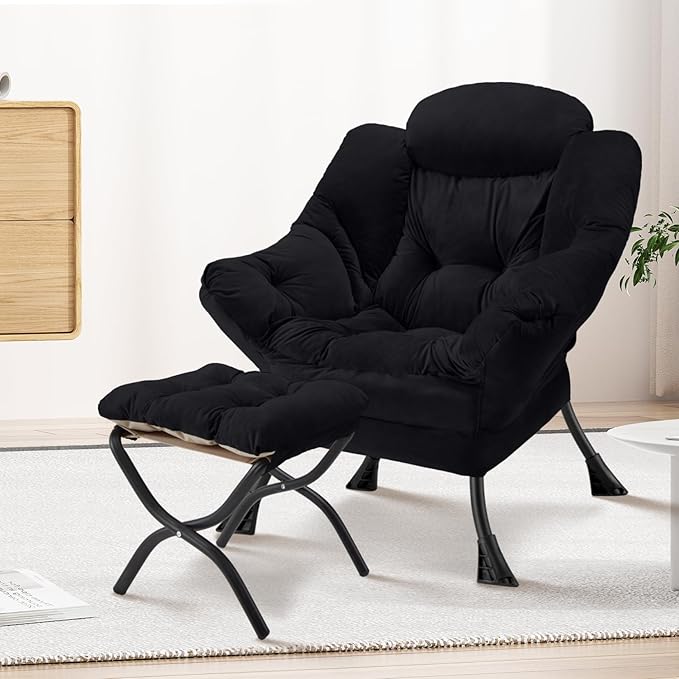 Lazy Chair with Folding Ottoman Modern Large Accent ChairContemporary Lounge Leisure Sofa Chair with Armrests Upholstered Sofa Armchair Reading Chair for BedroomDorm &amp Office(Black-f)
