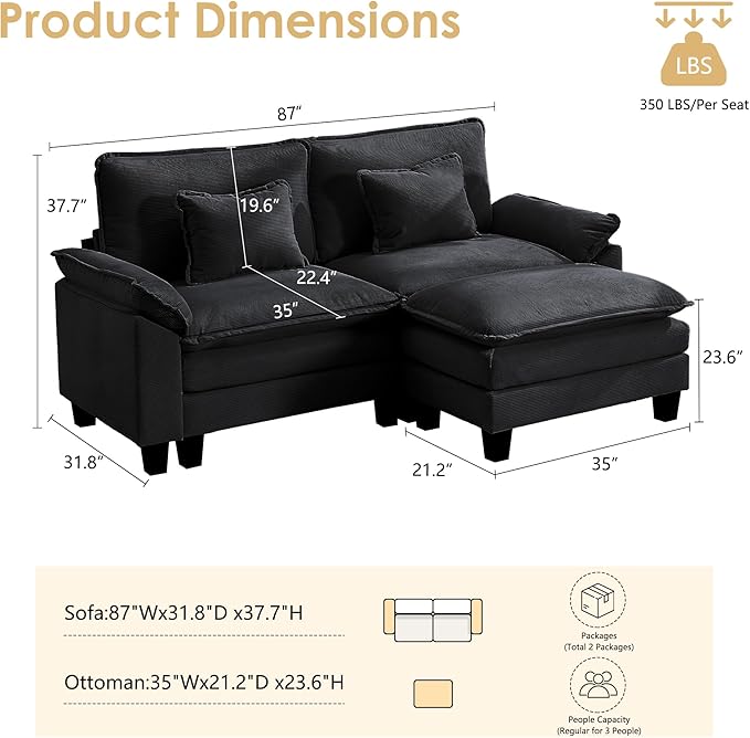 URRED Modular Cloud Couch Sectional Sofa 87 L Shaped Deep Seat Sofa with Ottoman &amp Pillows Ultra Comfy Corduroy Loveseat Sofa for Living Room Apartment or Bedroom Black | Corduroy Fabric
