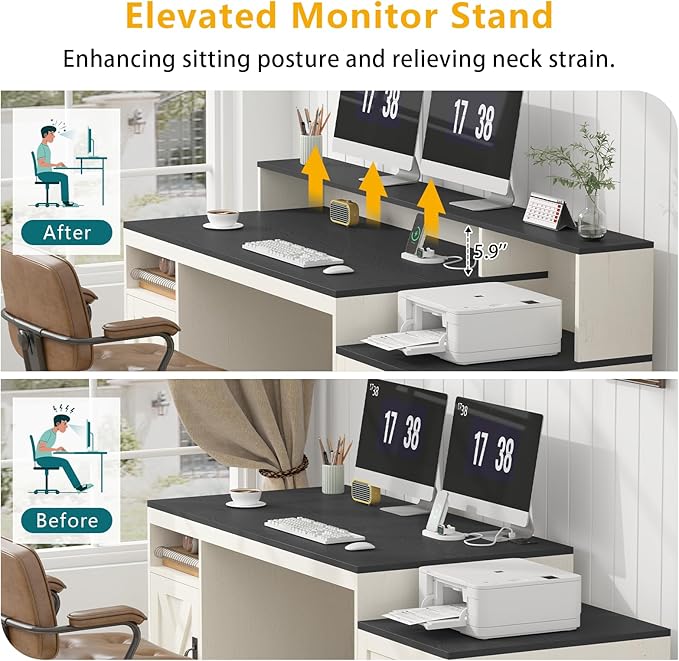 TVU Farmhouse Computer Desk with Drawers 65'' Home Office Desk with Power Outlets Storage Cabinet and Printer Stand Study Writing Desks with Long Monitor Stand Black and White