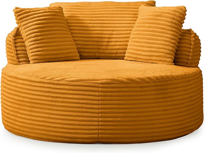 54-inch Oversized Round Chaise Longue Chair Indoor Modern Upholstered Corduroy Deep Seat Circle Cloud Chair Single Boneless Reading Chair for Living Room Bedroom Apartment Yellow