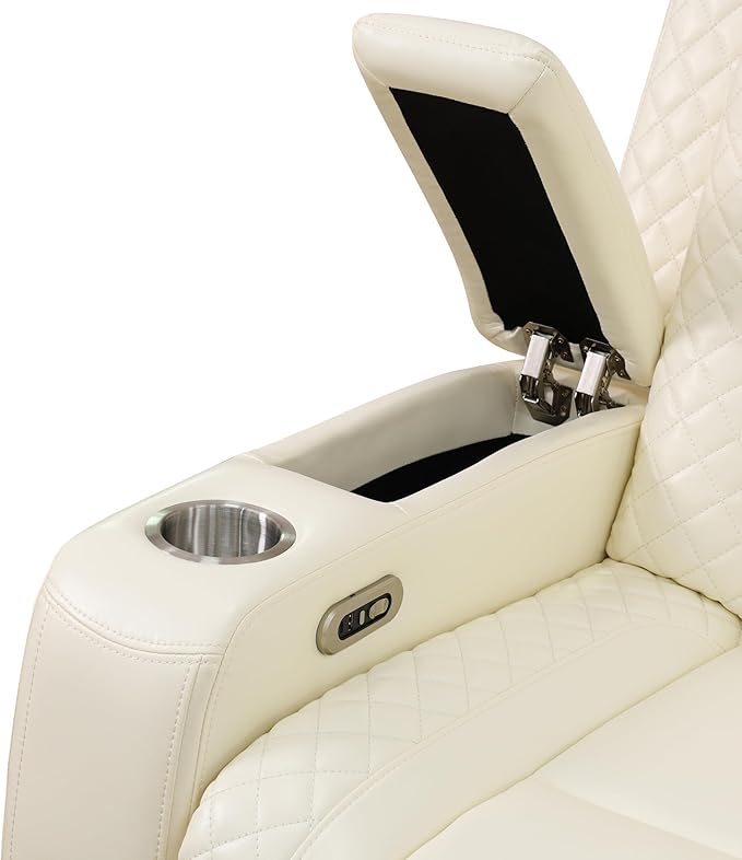 Power Theater Recliner Chair Cream White Leather Reclining Sofa Couch Chair Modern Comfy Recliner with Arm Storage/Cup Holder/USB Port for Living Room Furniture Office Home Theater