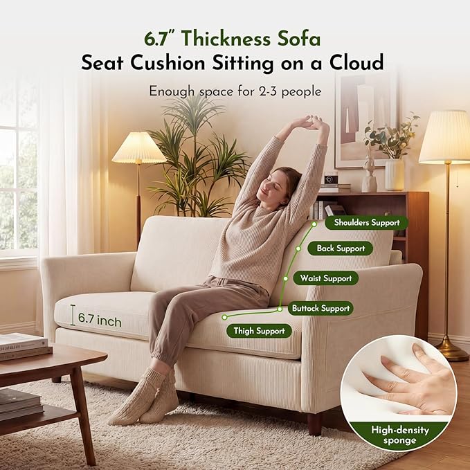 60.6 Corduroy Loveseat Sofa Modern Comfy Couches with Side Pocket 2-Seater Sofa Couch for Living Room Bedroom and Small SpacesBeige