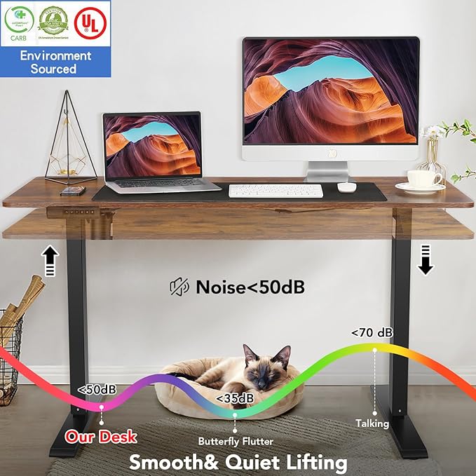 farexon Electric Standing Desk Adjustable Height 55 x 24 Inch Sit Stand up Desk with Large Mouse Pad 2 Metal Hook4 Wheels4 Memory Preset Heights Home Office Computer Desk（Brown）