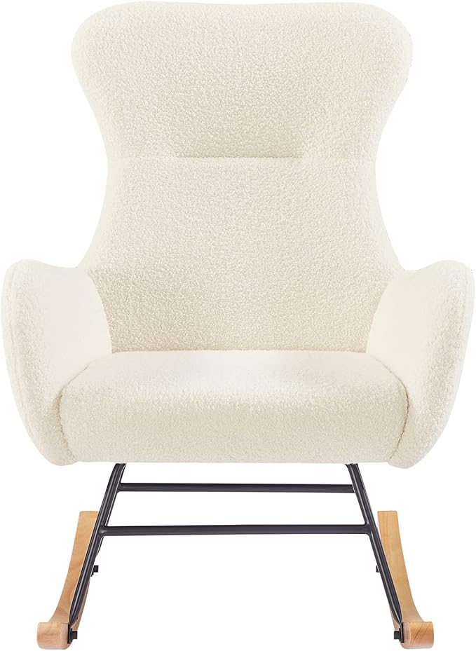 Modern Teddy Fabric Accent Rocking Chair Nursery Upholstered Rocker Glider Chair with High Backrest and Side Pockets for Living Room .(Cream White Teddy Fabric)