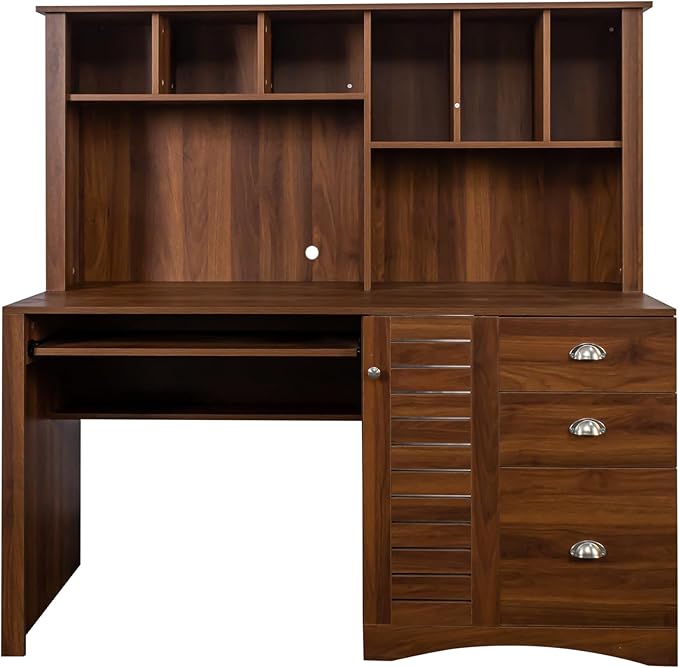 Computer Desk with Hutch and Drawers Gaming Home Office Desk with Storage Cabinet and Bookshelf Computer Workstations for Home Office Walnut (Style-01)