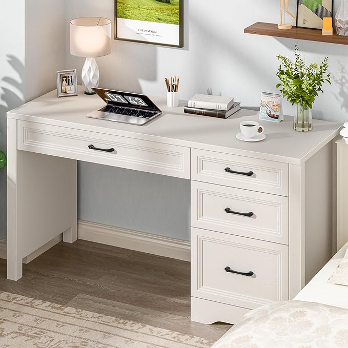 Vabches Farmhouse Executive Desk with Storage and Ample File Drawer Rustic Large Home Writing Desk for Bedroom Pure White
