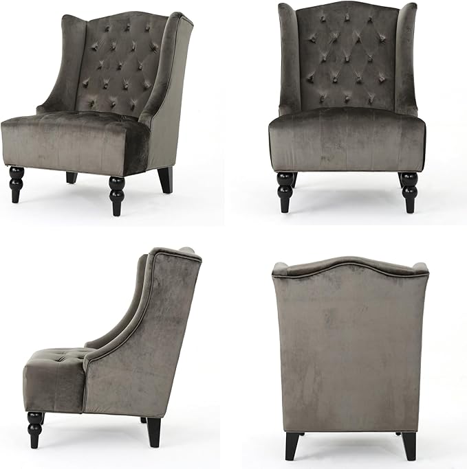 Modern Wingback Accent Chair Tufted Velvet Couch Sofas with High Back Thick Padded Cushioned Seats for Living Room Victorian Style Grey