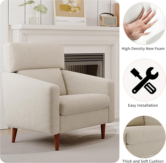 EJUNQ Mid-Century Accent ChairFabric Modern Reading Living Room Chairs Upholstered Armchair with Wood LegsCozy Reading Chair for Living RoomBedroom（Beige