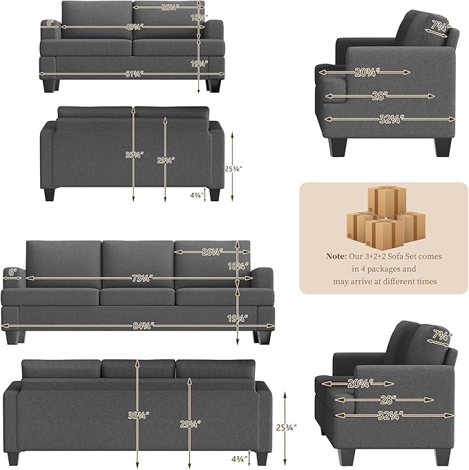 Furnimart Sectional Couches for Living Room Modern 2 Loveseats and 3 Seater Couch Deep Seat Sectional Sofa Set Comfy Fluffy Grey Couch with Removable Sofa Cover Dark Grey
