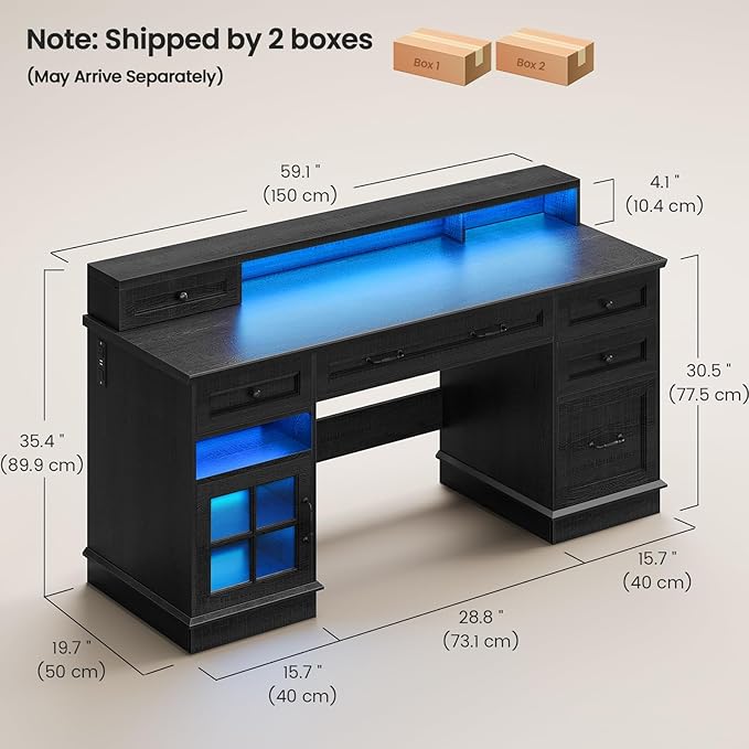 Farmhouse Executive Desk with Drawers Computer Desk with File Drawers Power Outlet and Led Lights Executive Office Desk with Storage Cabinet and Monitor Shelf for Home Office Black