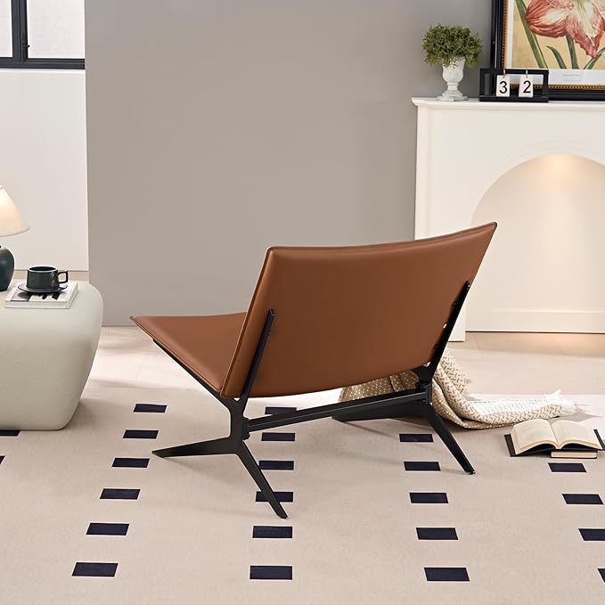 28.93 Comfy Leather Accent Chair Armless Single Sofa with High Backrest &amp Metal Legs Modern Upholstered Leisure Reading Chair for Living Room Home Office Small Apartment Brown