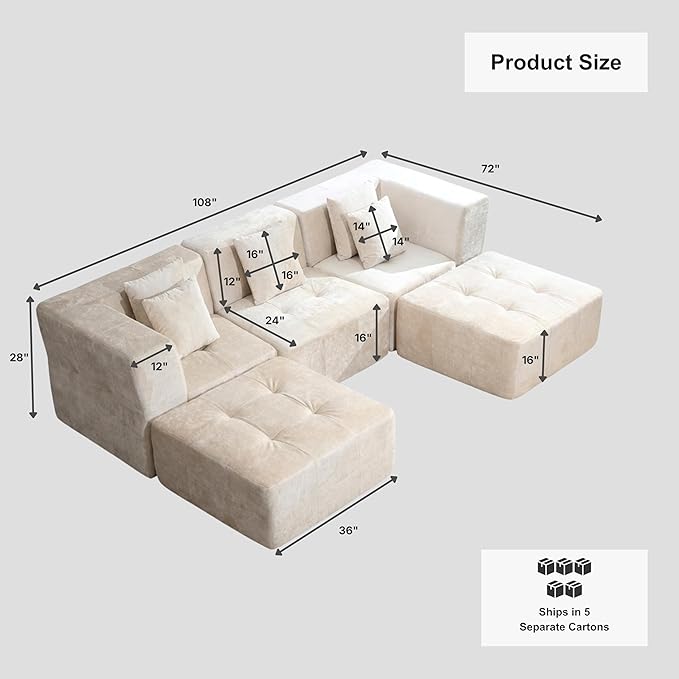 · REDEARTH · 5-Seater Modular Velvet Sectional Sofa No-Assembly U-Shaped Compressed Couch in a Box with Ottoman Boneless Modular System in Plush Velvet for Living Room (3-Seater + 2-Ottoman) Cream