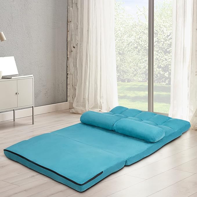 COSTWAY Floor Sofa Couch with 2 Pillows Foldable 6-Position Adjustable Lazy Sofa Bed Sleeper with Metal Frame Soft Suede Fabric Gaming Playing Lounge Recliner for Adults (Blue)
