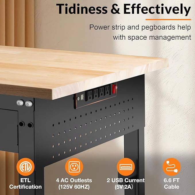 Standing Desk Stand up Desk 48x24 Inches Sit Stand Home Office Computer Desk with Power Outlet &amp Pegboard Rubber Wood Top