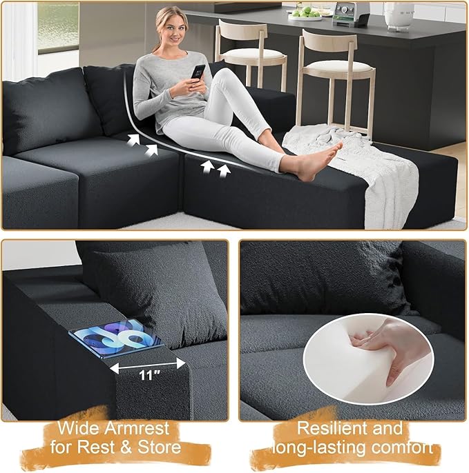 132'' Oversized Cloud Couch Sectional Modular Sectional Sofa with 6 Pillows Comfy Chenille L Shape Couch with 6 Deep Seat Convertible Sleeper Boneless Couches for Living Room No Assembly Black