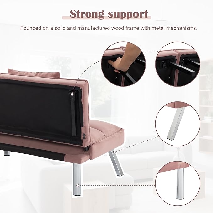 68 Modern Sofa Bed FutonConvertible Sleeper Bed Couch with 4 Reclining BackrestComfy Velvet Cloud Sofa Loveseat for Living Room Bedroom Office (Pink)