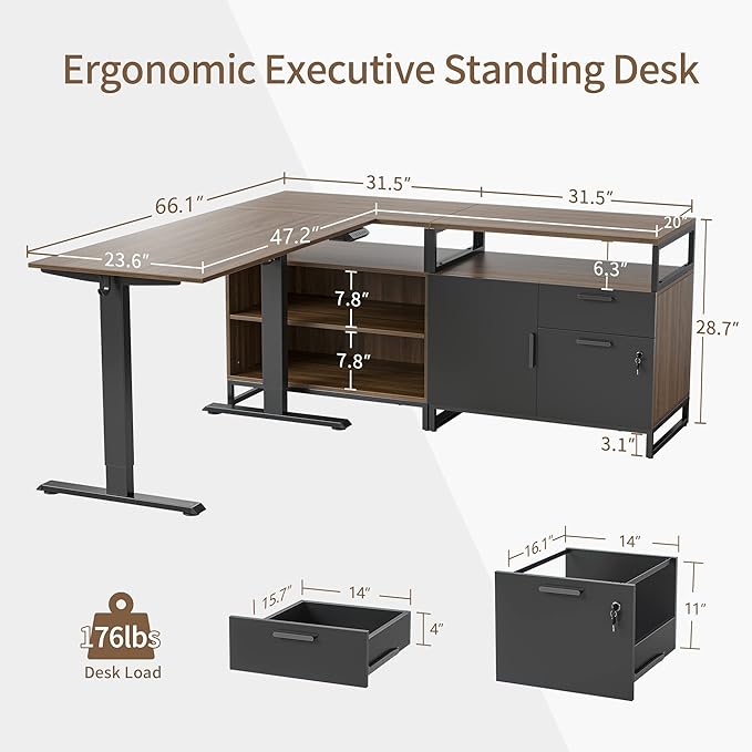 FEZIBO 66 Inch Executive L Shaped Standing Desk with 2-Drawer File Cabinet Electric Height Adjustable Stand up Desk Home Office Modern Wood Computer Desk with Shelves Black Frame/Dark Walnut Top